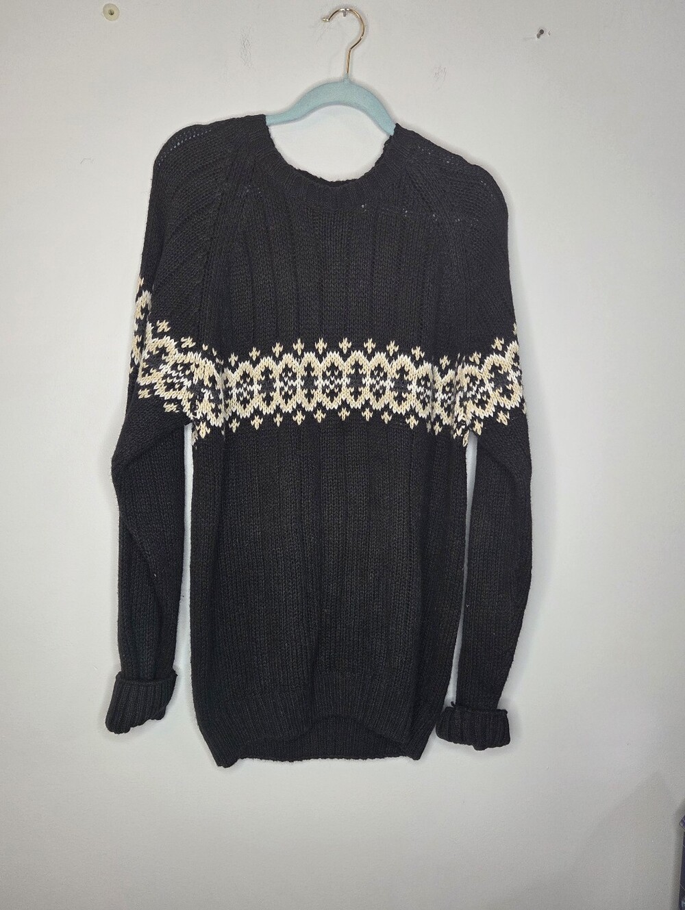 Northwest Territory Men's Vintage Black Crewneck Sweater with Ivory Fair Isle, M